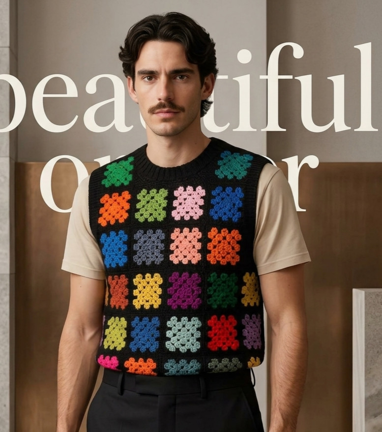 Handmade Colorful Granny Square Sweater Vibes Patchwork Crochet Vest