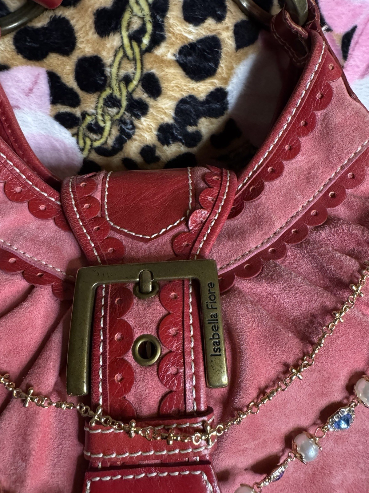 Isabella Fiore Pink/Red Shoulder Bag Top Handle Zip Buckle Beaded Chain Charm