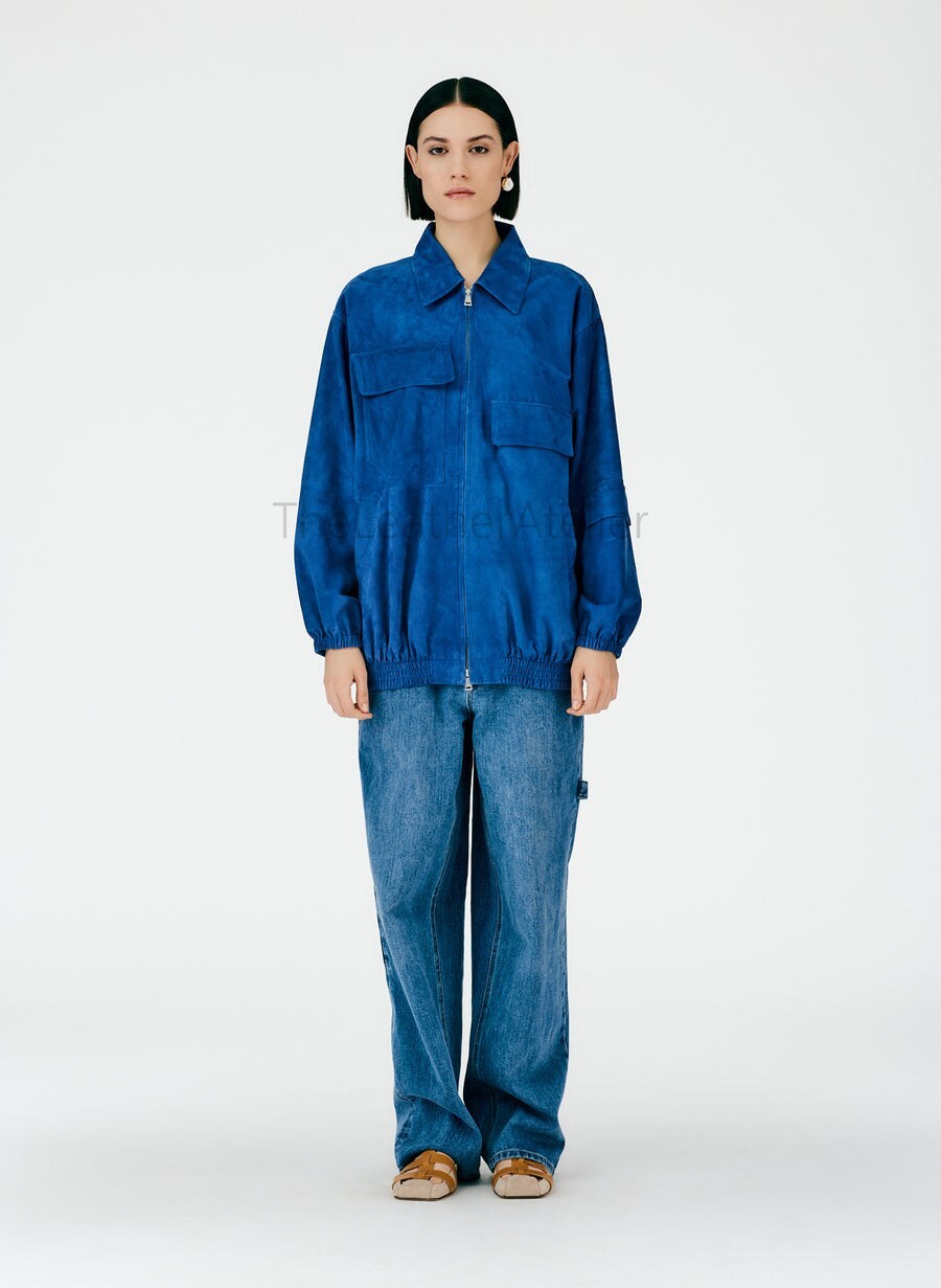 Premium Suede Leather Bomber Jacket Cerulean Blue Oversized Retro Urban Luxury