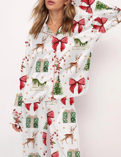 Coquette Christmas Holiday Satin Pajama Set For Women