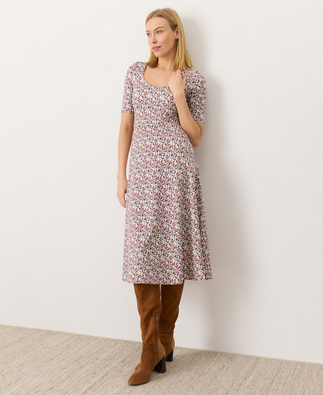 New PACT Organic Fit & Flare Signature Scoop Dress, Paradise Petals Cream
