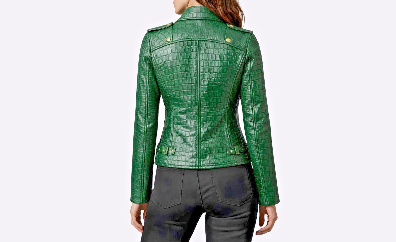 Women’s Green Croc Embossed Leather Biker Jacket Gold Zip Moto Motorcycle Coat