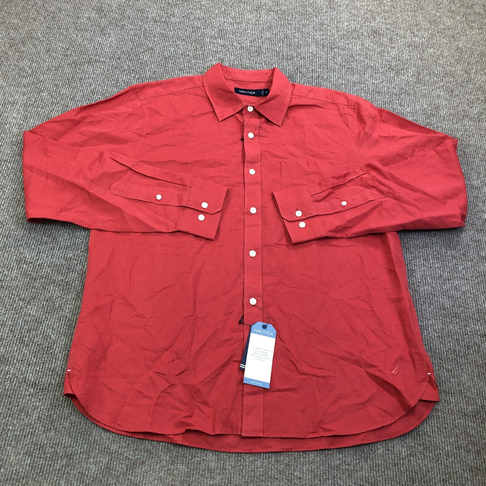 Nautica Shirt Mens Medium Red Solid Linen Long Sleeve Button Up Casual