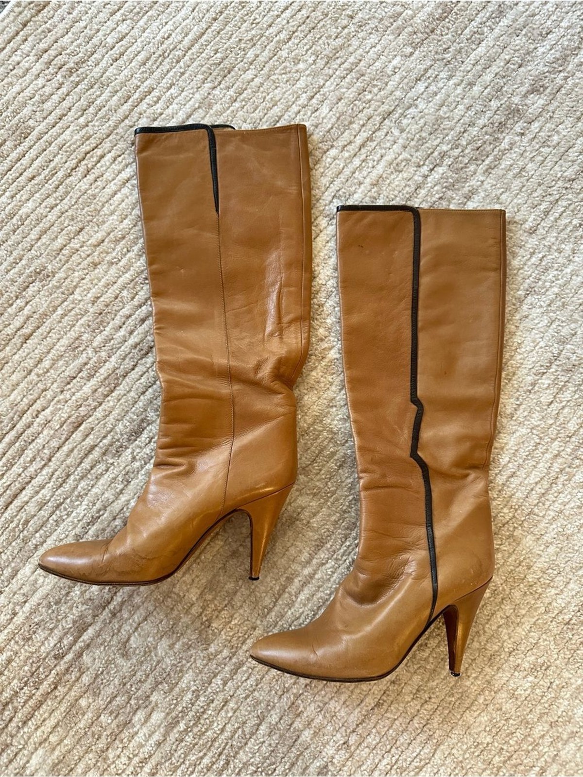 Vintage 70s Casa Dei Italian Leather Knee High Boots Cognac Brown Black Trim