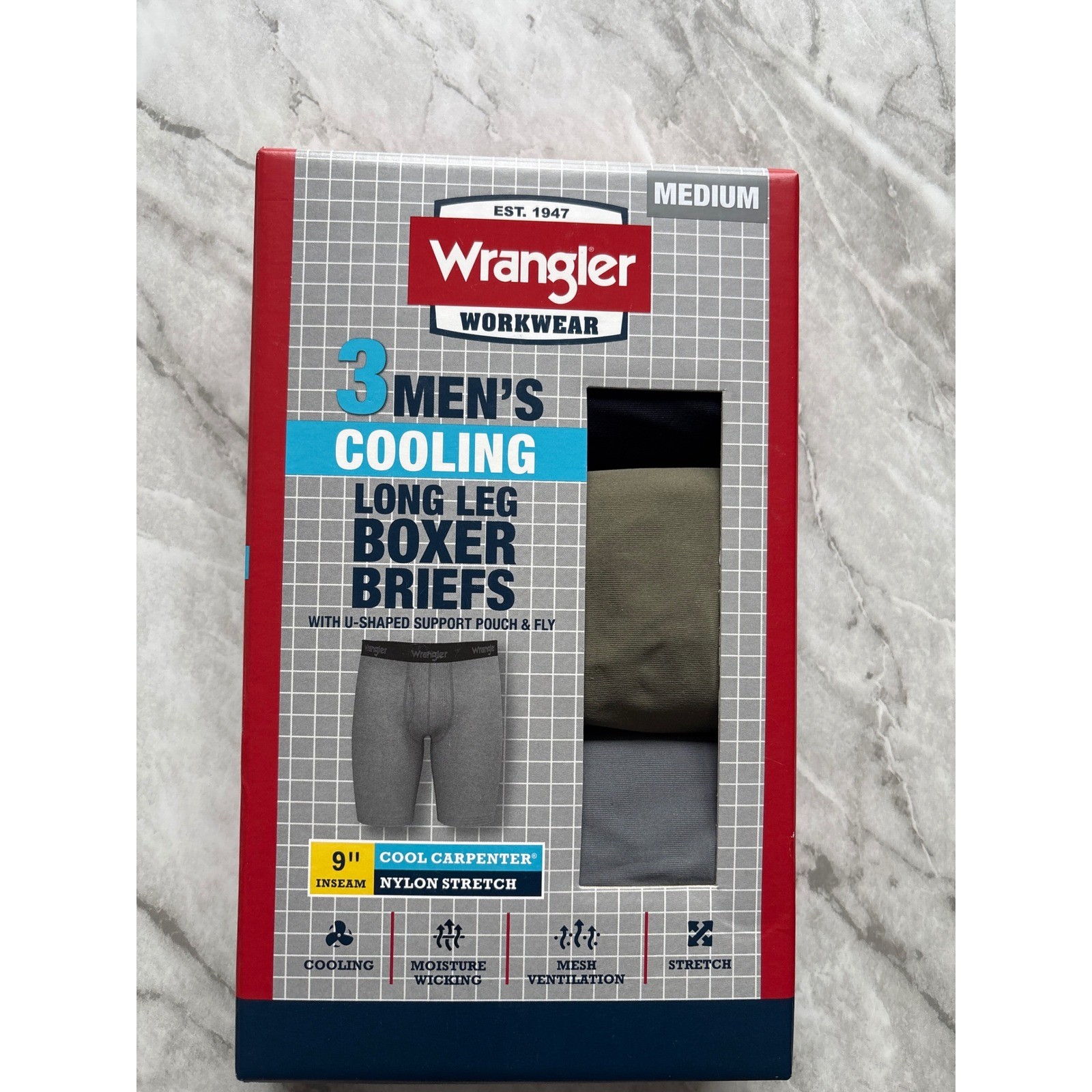 Wrangler Boxer Briefs Men M Multi New 3-Pack Cooling Nylon Stretch 9″ Inseam