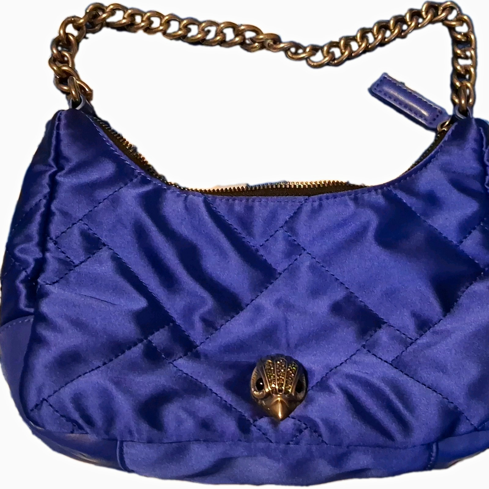 Kurt Geiger Kensington Blue Quilted Small Crescent Shoulder Bag Gold Chain