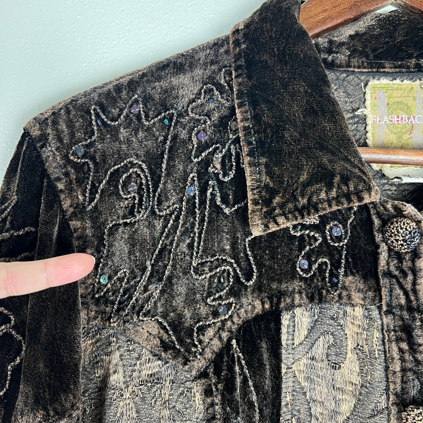 Whimsigoth Gothic Flashback Jacket 2X Brown Velvet Lace Embroidered Patchwork