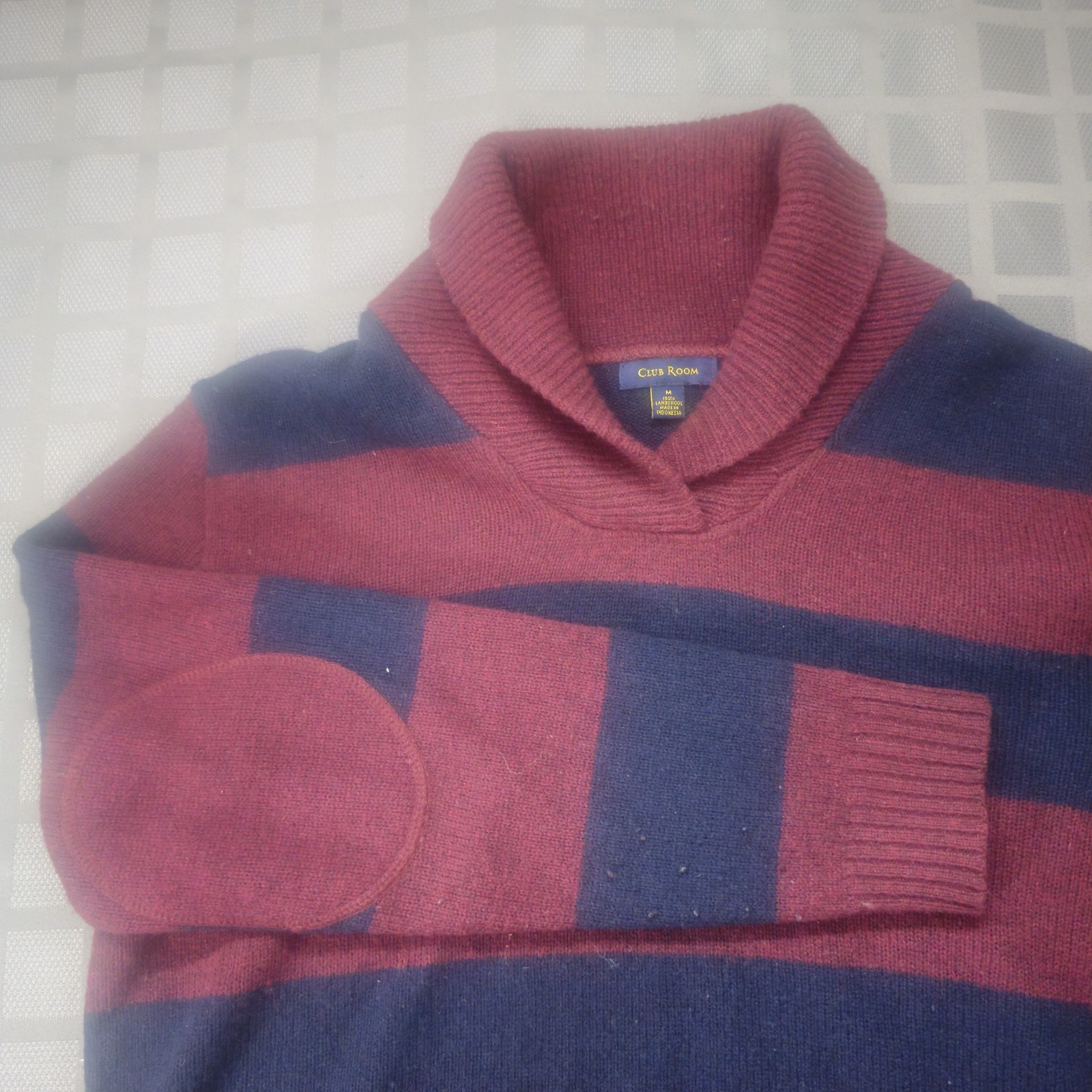 Club Room Men’s M Burgundy Navy Striped Shawl Collar Wool Knit Sweater Elbows