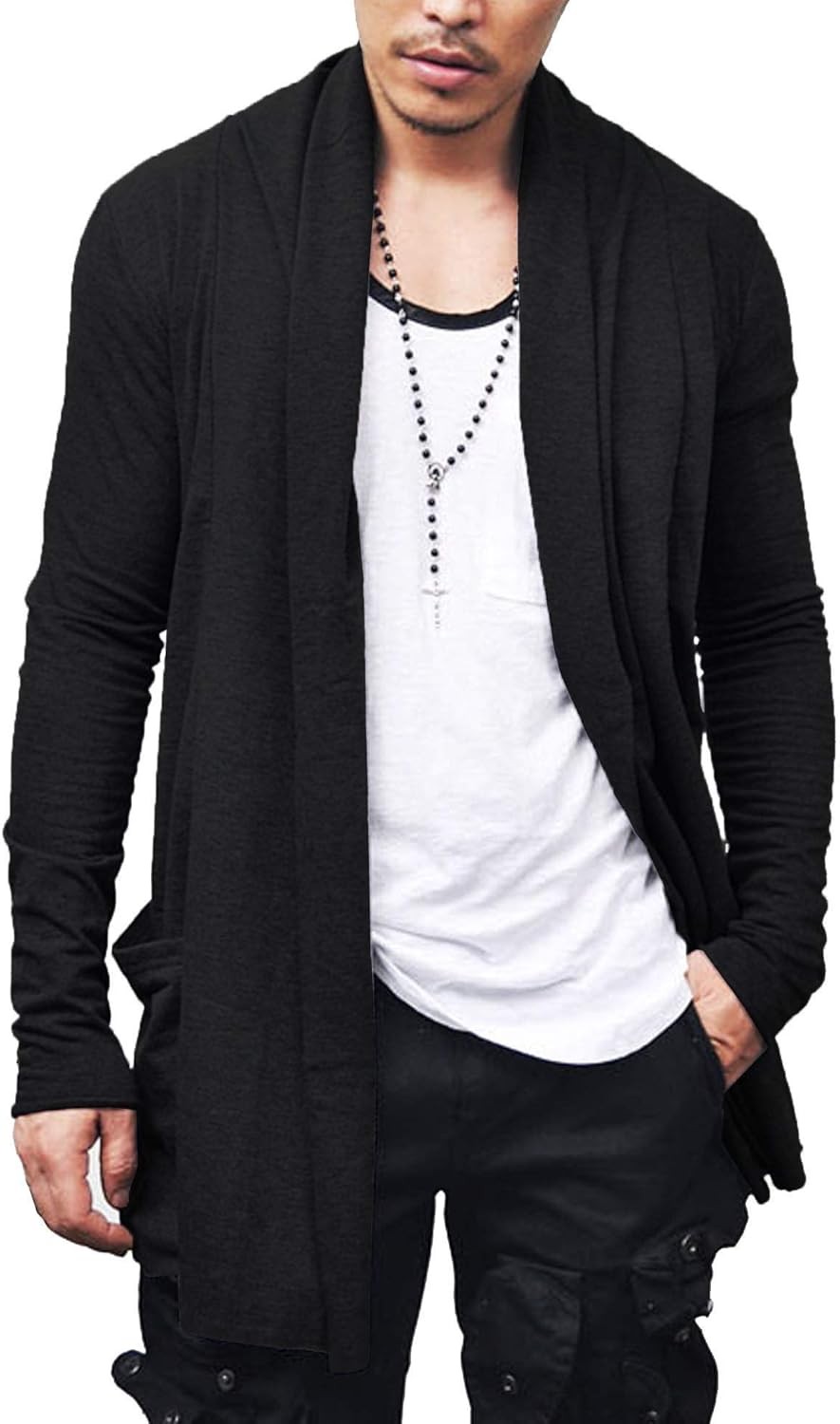 Men’s Lightweight Open Front Cardigan Longline Drape Sweater with Pockets Shawl