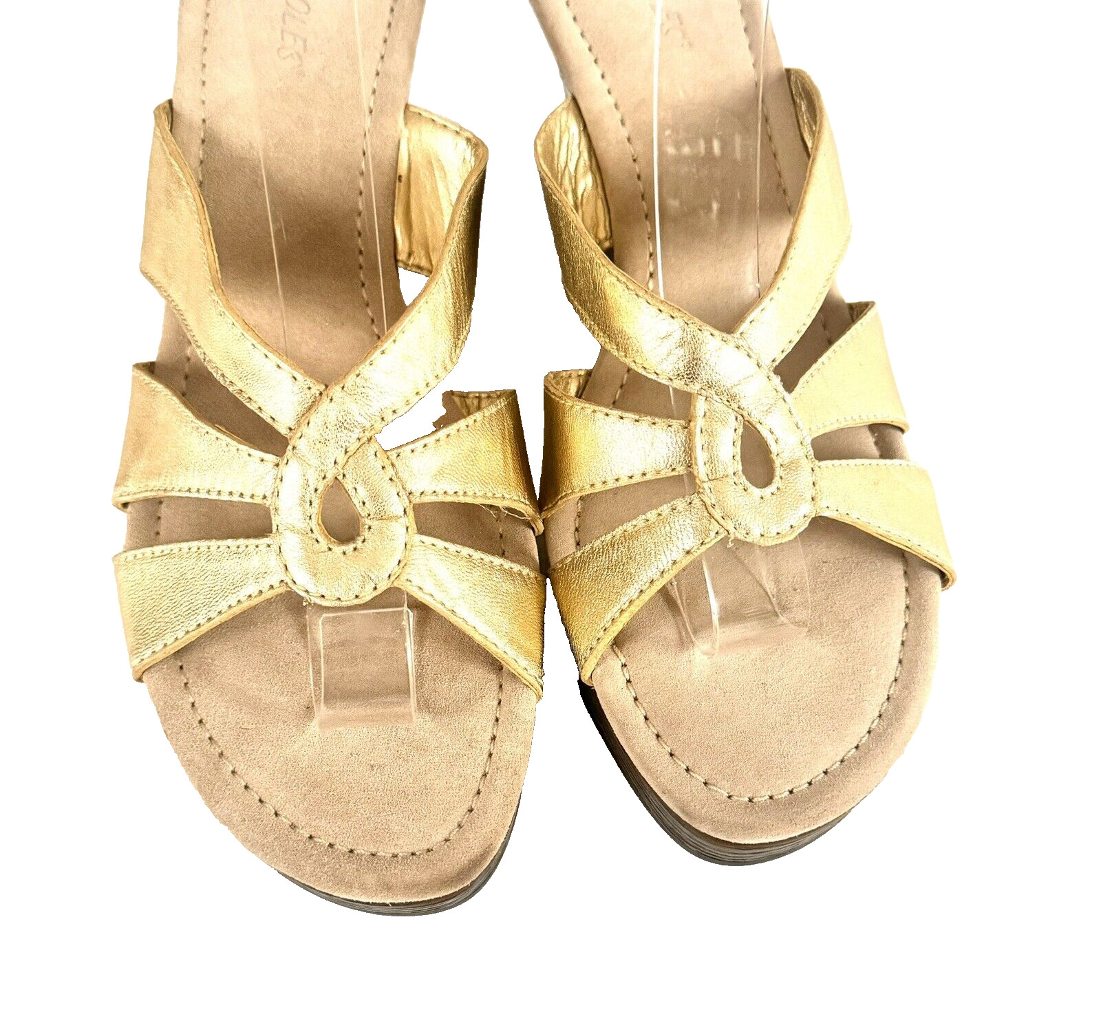 Gold Leather Aerosoles 9M Platform Wedge Comfort Sandals Slides NWOT