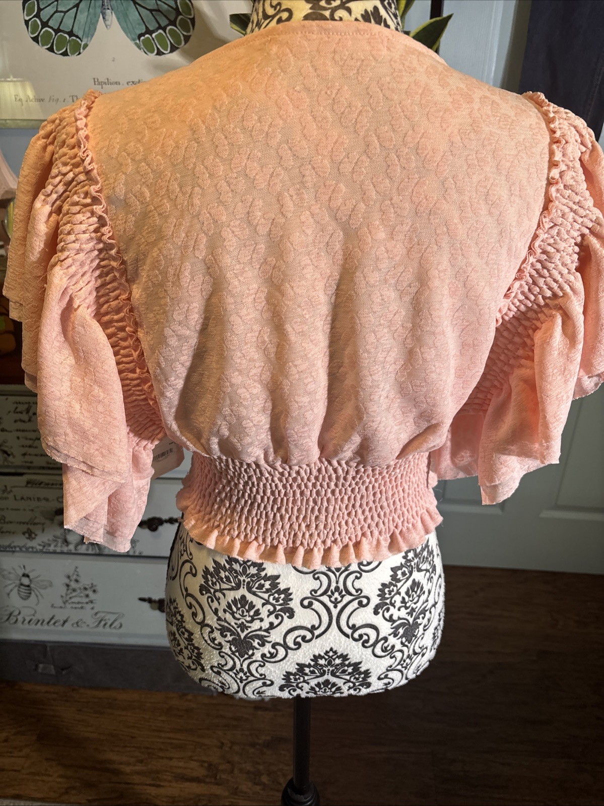 Altard State Boho Romantic Pink Ruffle Sleeve Cropped Blouse Sz Med. NWT