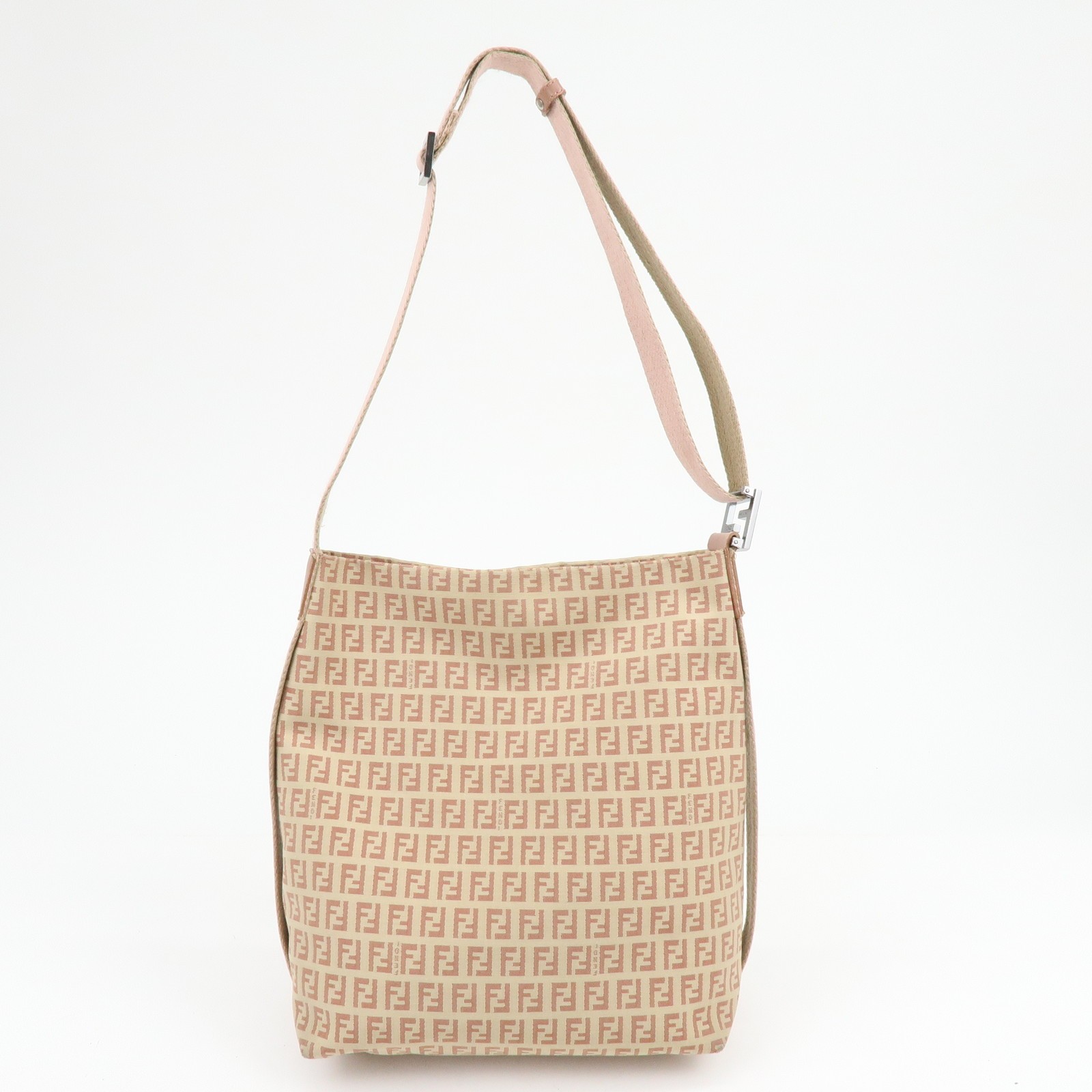 FENDI Zucchino Canvas Leather Shoulder Bag Beige Pink 8BR318 Authentic Used F/S