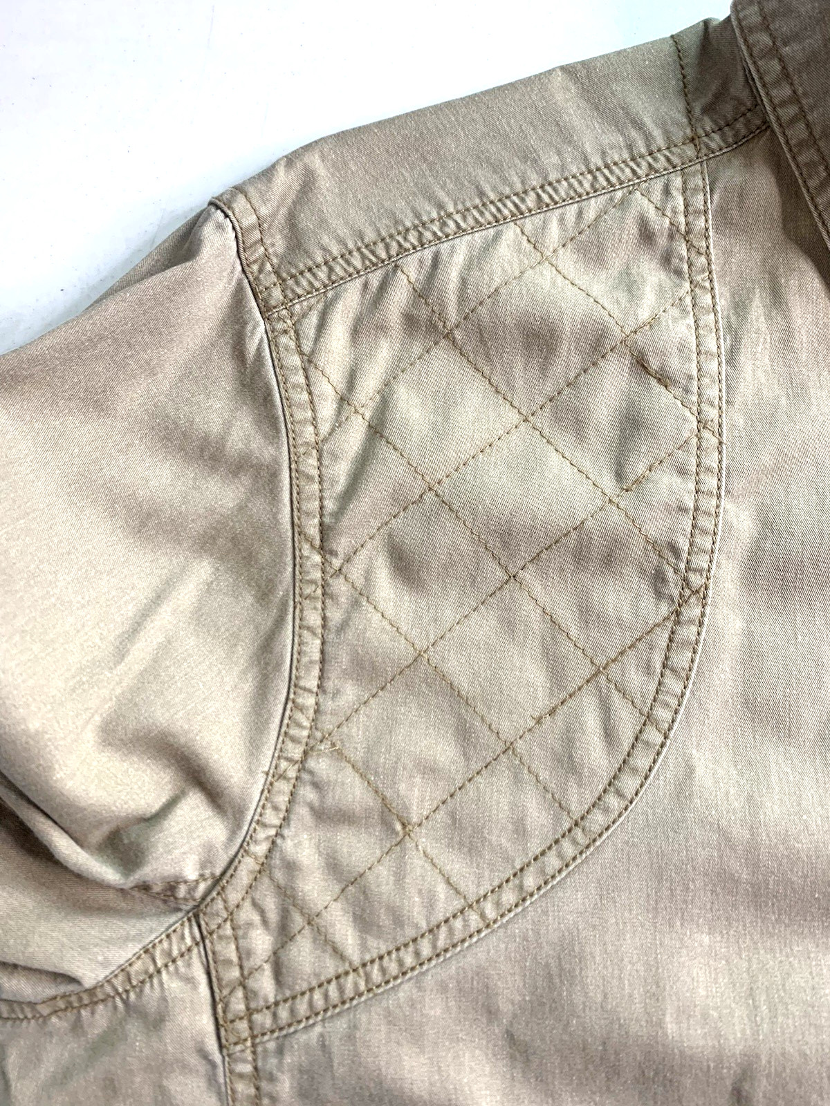 LL Bean Signature Men L Khaki Shirt Work Hunt Quilted Shoulder Slim Fit Safari