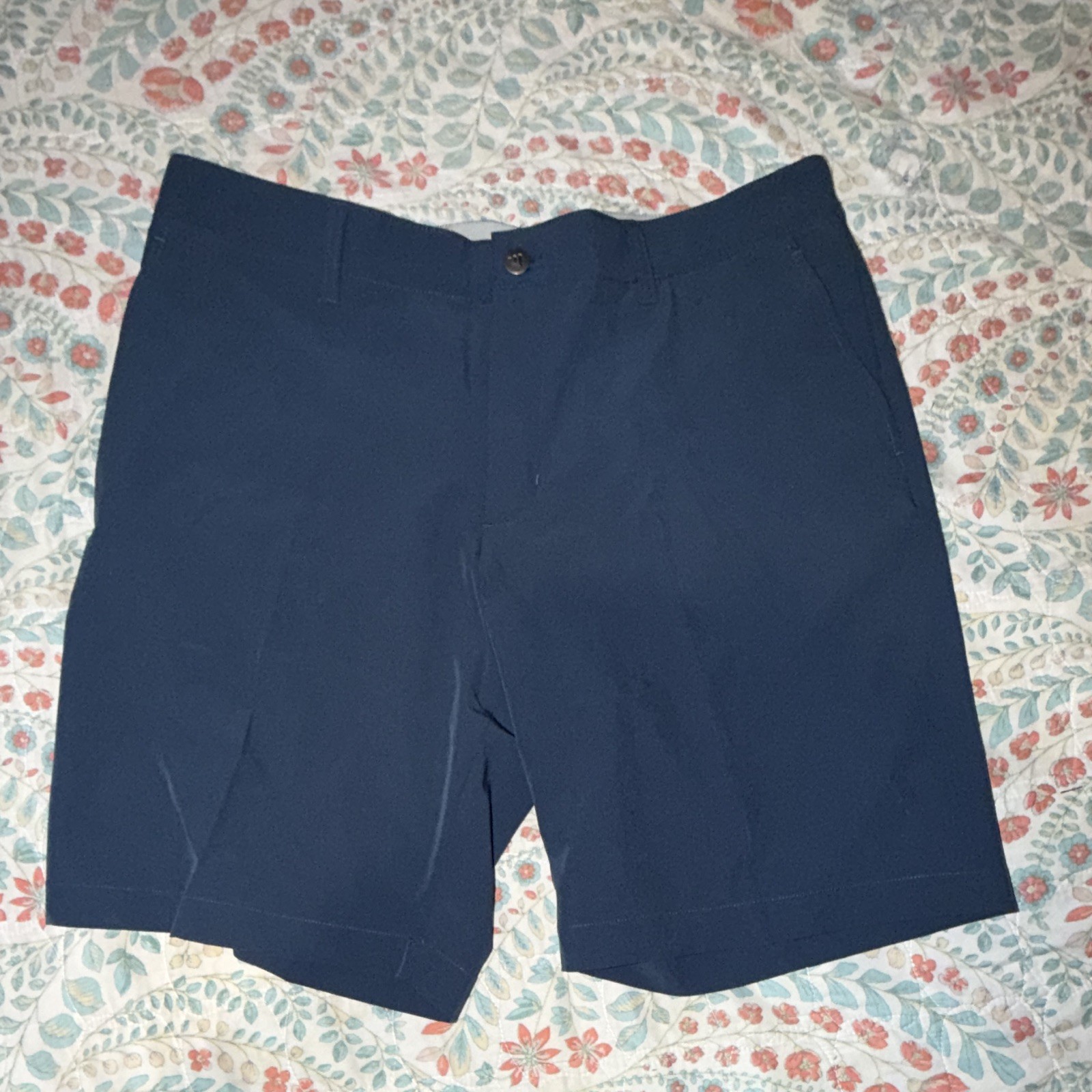 adidas Men’s Navy Woven Shorts Polyester Elastane Button Flat Front Solid Logo