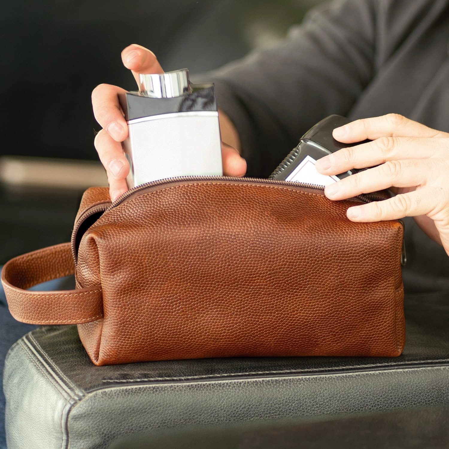 Water Resistant Leather Toiletry Bag for Men – Premium Dopp Kit Cosmetic Case –