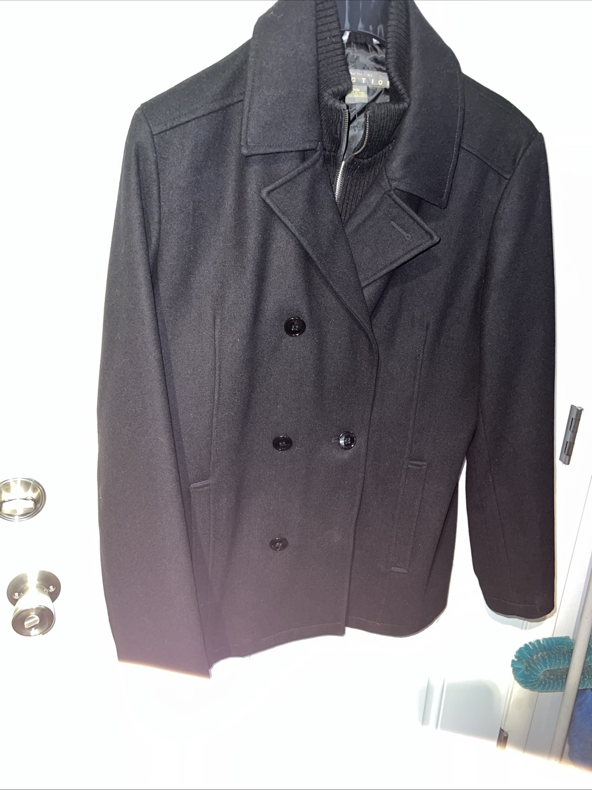 Wool Pea Coat Mens Medium Double Breasted Black Fisherman Nautical Classic Warm