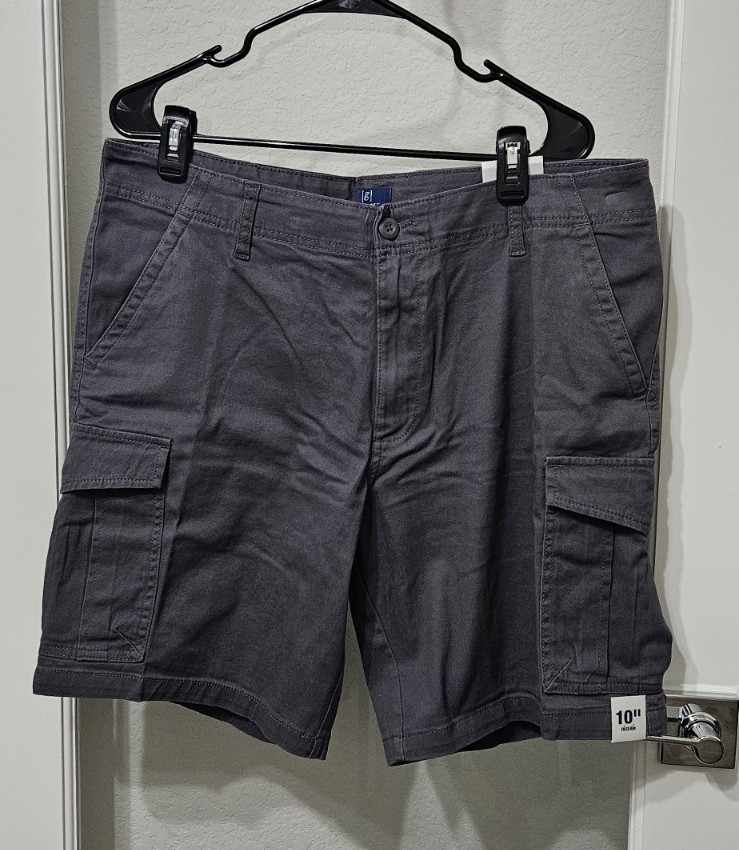 George Men’s Charcoal Cargo Shorts 10″ Inseam Solid Button Flat Front