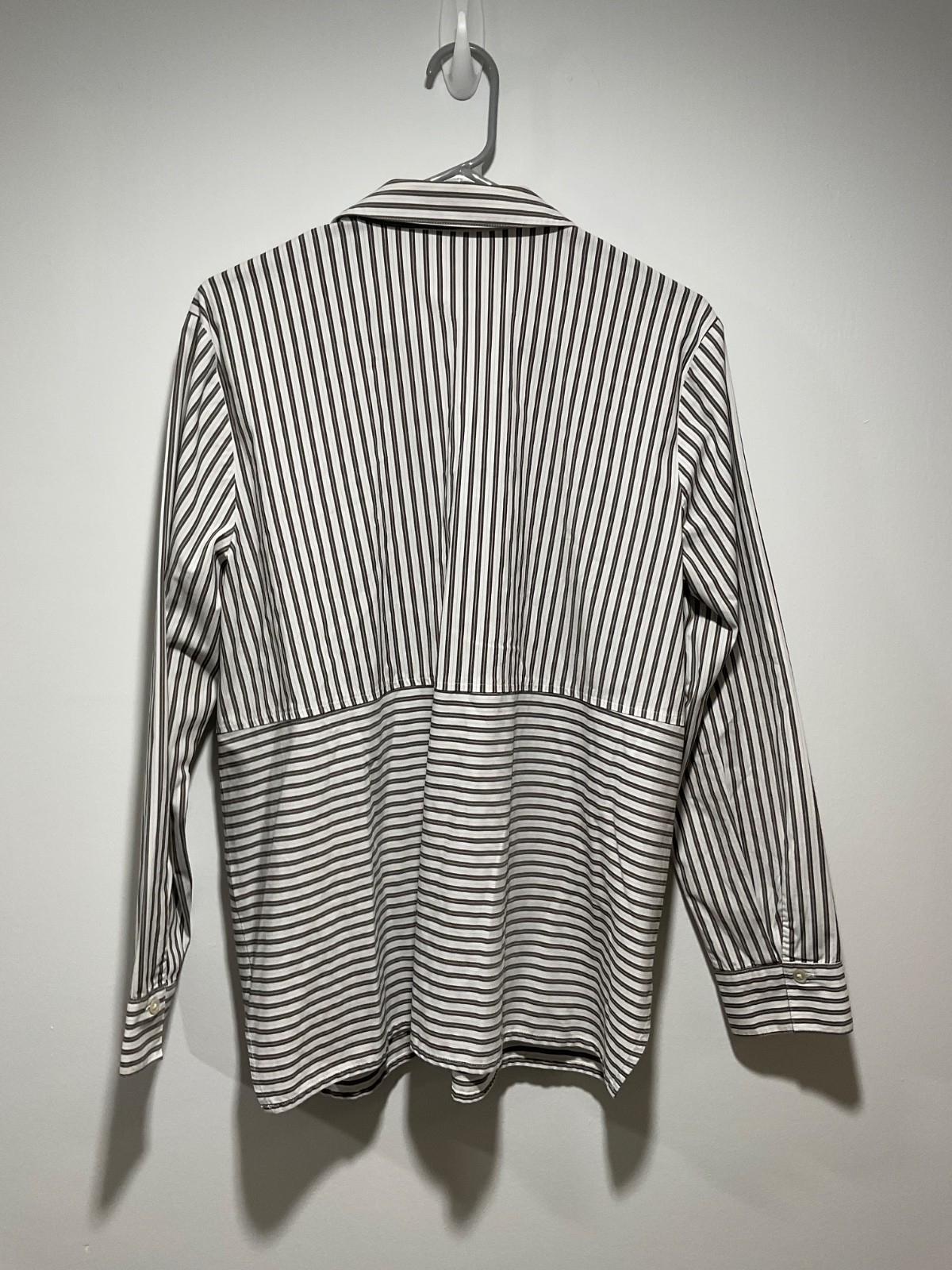J Jill Top Womens L Gray White Mixed Stripe Cotton Blend Button Up Office Career