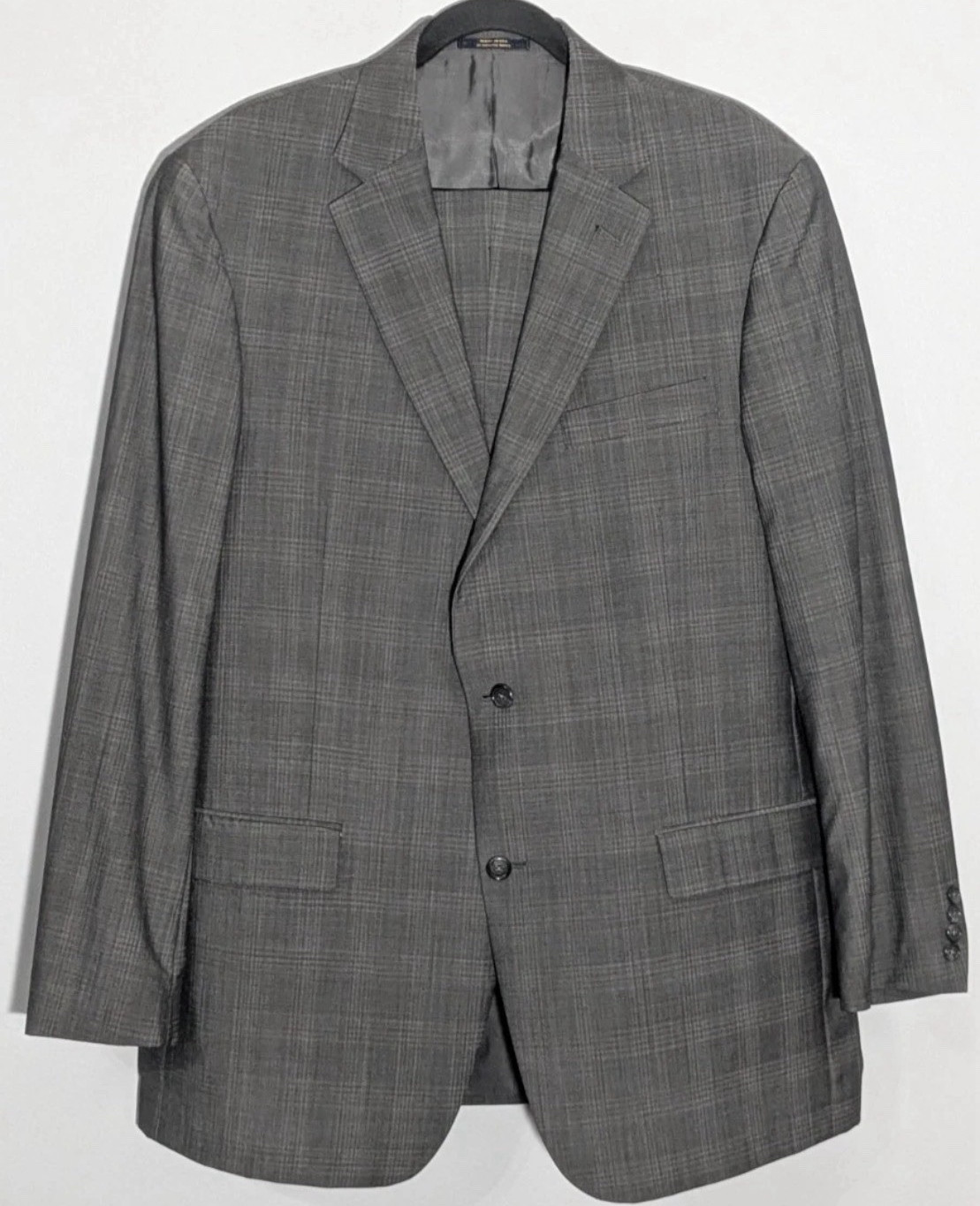 Hart Schaffner Marx Suit Mens 44L Gray Plaid 2 Button Wool Pleated Pants