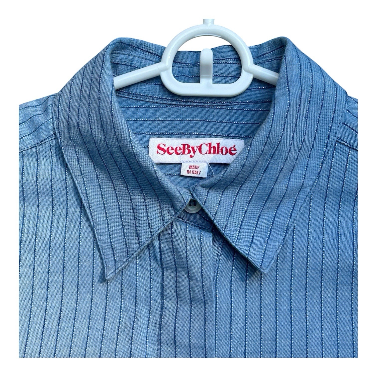 See By Chloe Light Blue Denim Metallic Pinstripe Button-Up Shirt