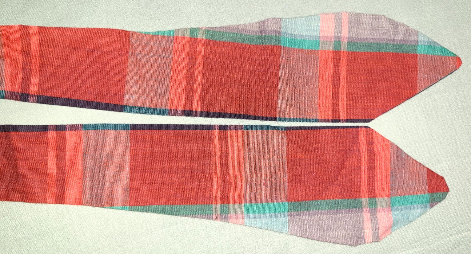 Vtg cotton Madras plaid multicolor reversible tie, red blue purple green