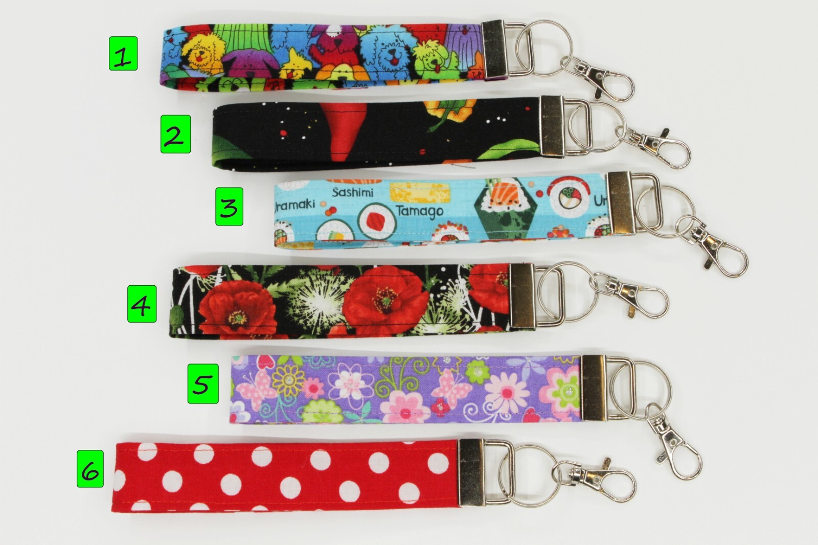 Cotton Fabric Keychain Wristlet, Key Fob Lanyard, Various Prints/Colors