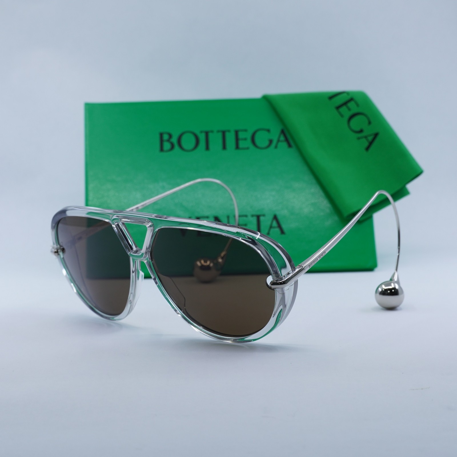 New BOTTEGA VENETA BV1273S 009 Transparent Grey/Silver/Brown 63-12-180 Sungla…