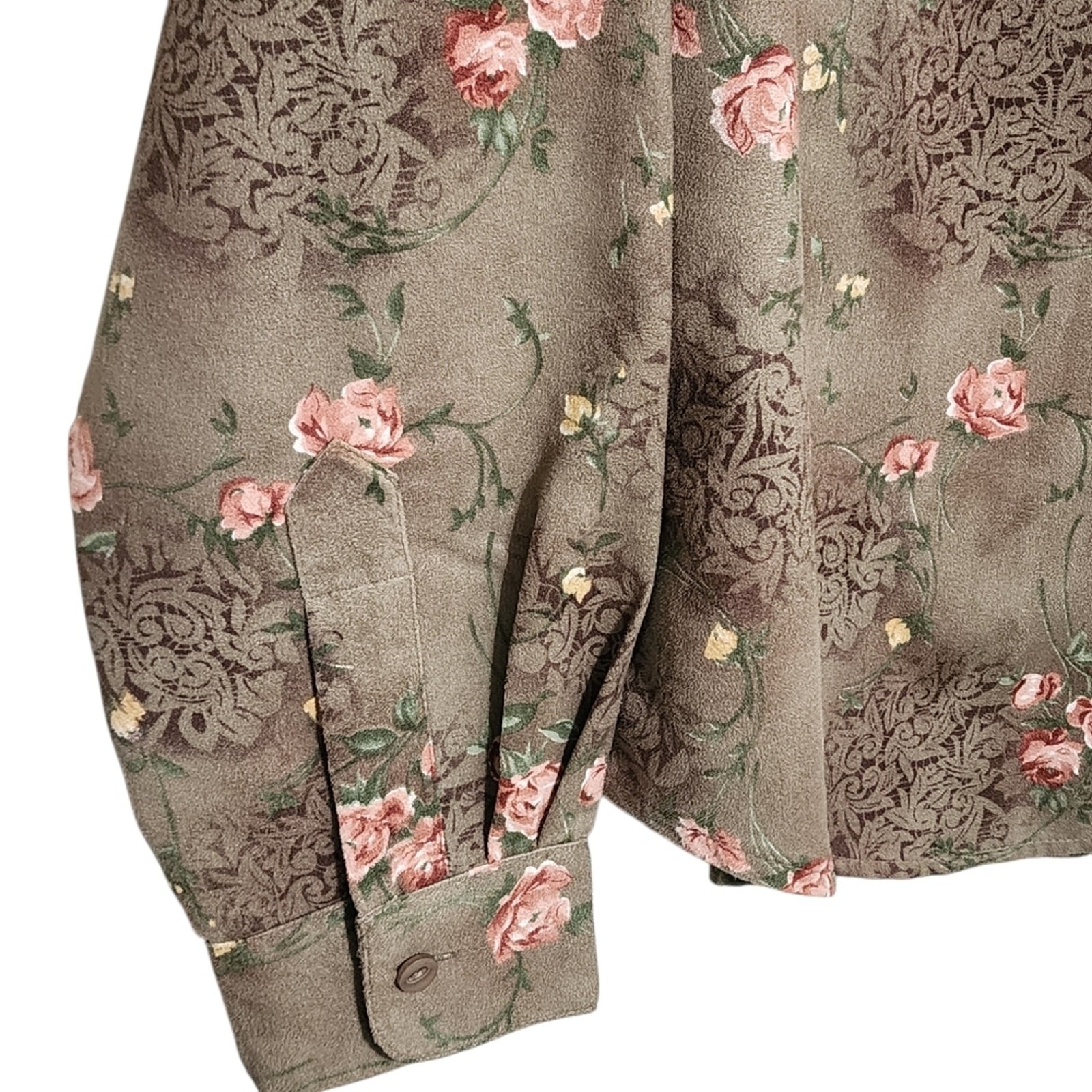 Vintage Button Up Top Lp Green Floral Faux Suede Cottagecore Forest Fairy Grunge