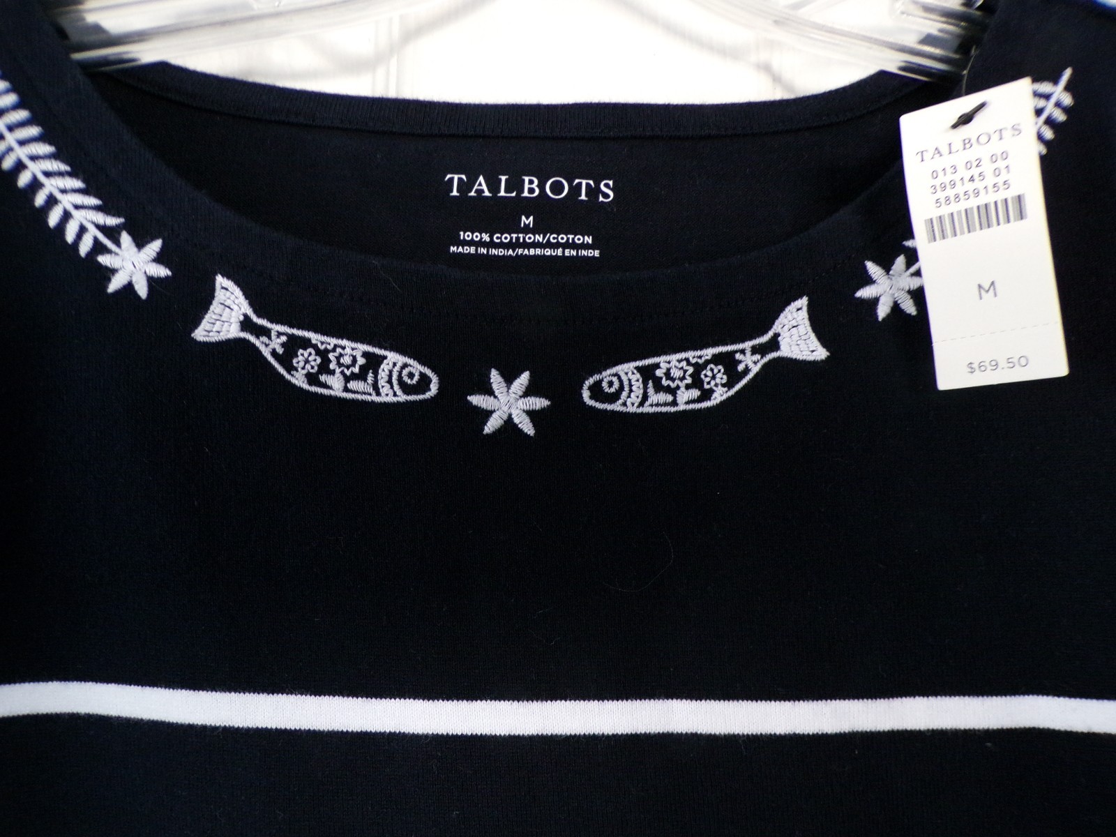 NWT NEW SUMMER TALBOTS MEDIUM EMBROIDERED SARDINES FISH TEE NAVY /WHITE $69.50