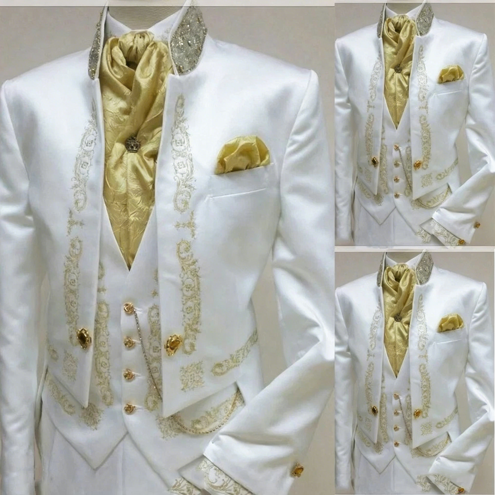 White Satin Men’s Suits Formal Wedding Party Dinner Banquet Prom Gold Applique