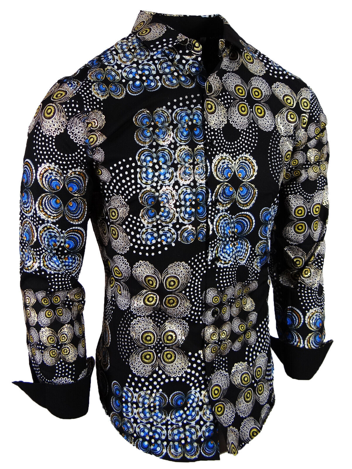 Mens Shirt Luxury Fashion Florals Shiny Gold Highlights Stretch Slim Fit Button
