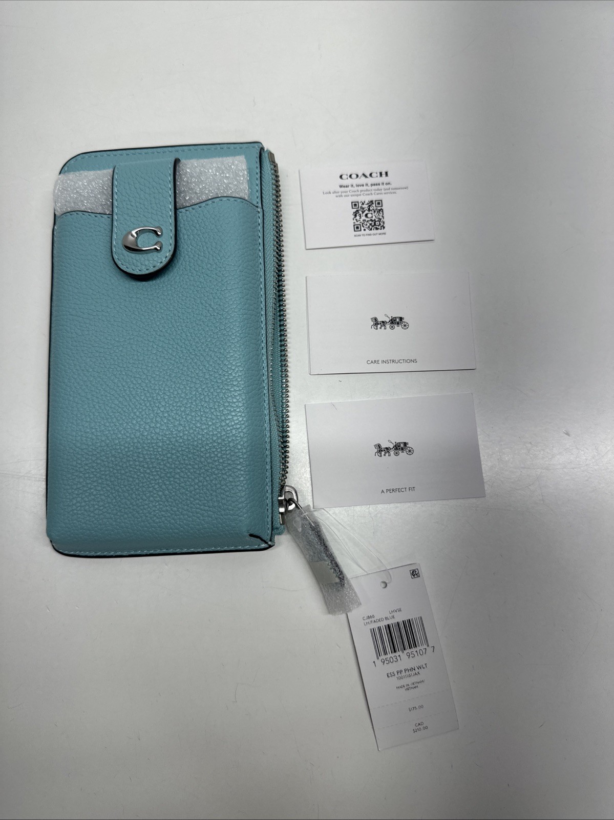 Coach Essentials Phone Wallet Polished Pebbled Leather Clutch Zip Top Blue New