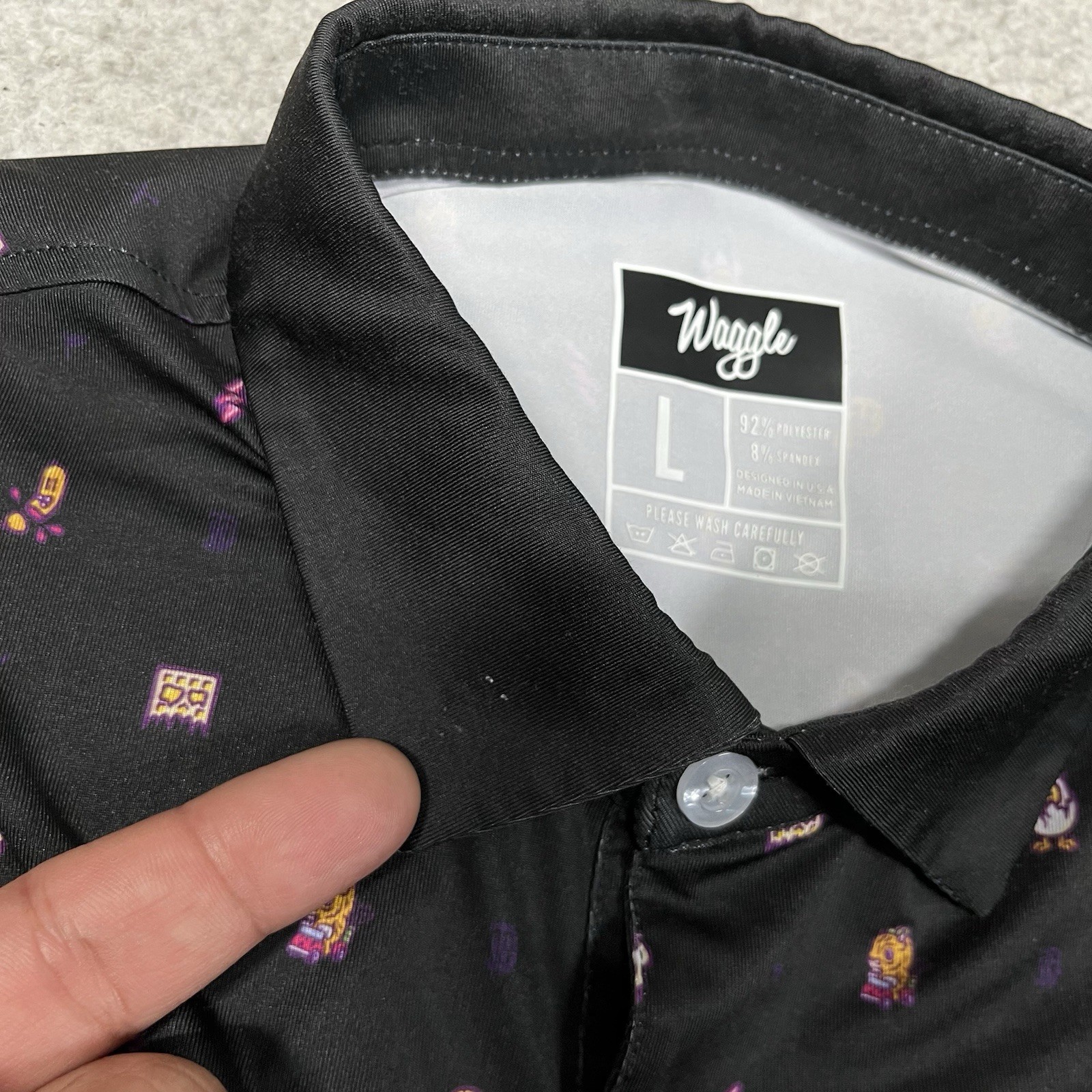 Waggle Polo Shirt Mens L Black All Over Print Performance Golf Stretch AOP