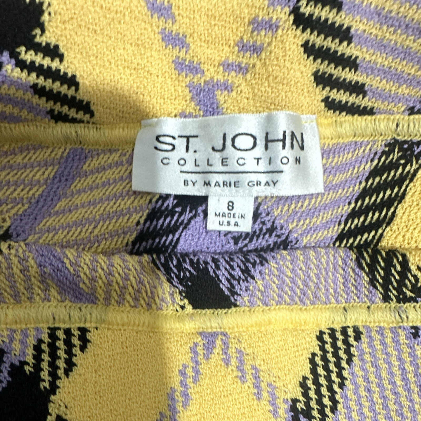 St. John Collection Purple Yellow Plaid Knit Pencil Straight Knee Length Skirt 8