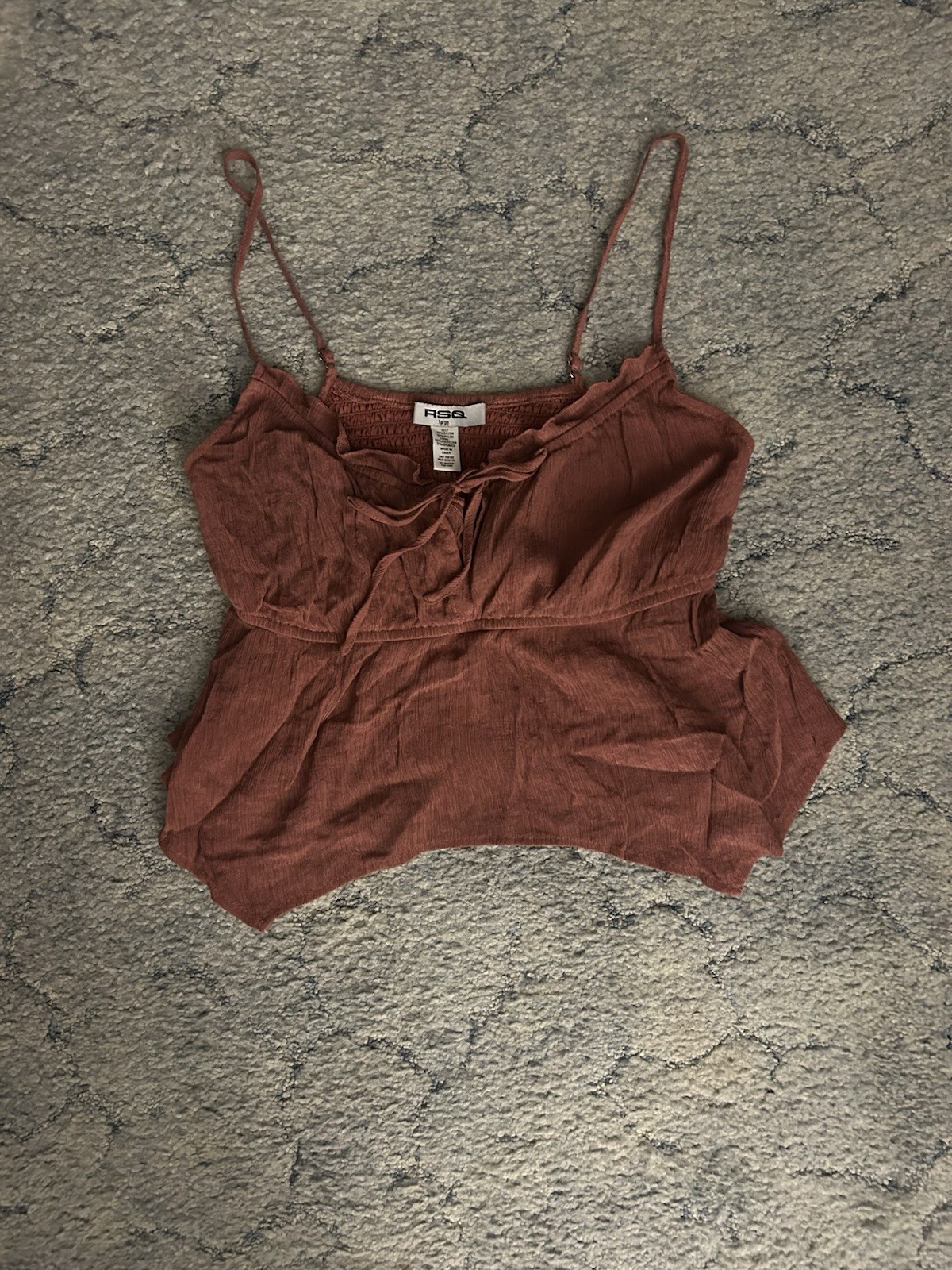 RSQ Women’s Brown Smocked Tie Crop Tank Top Spaghetti Straps Stretch Size L