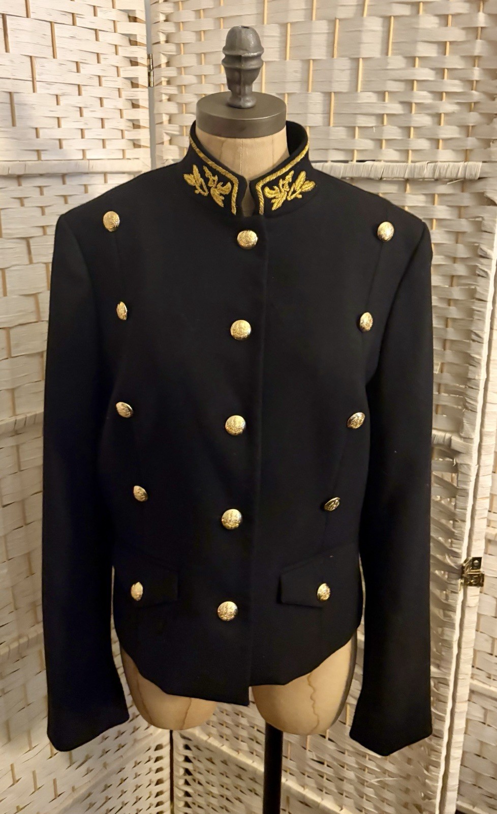 Vintage Ralph Lauren 100% Wool Military Peplum Gold Embossed Buttons, Embroidery