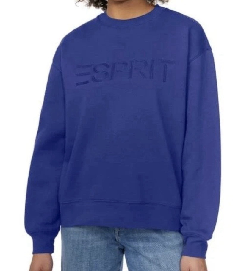 NWT Esprit Women’s Logo Fleece Crewneck Sweatshirt Blue Viral 80s S M L XL XXL