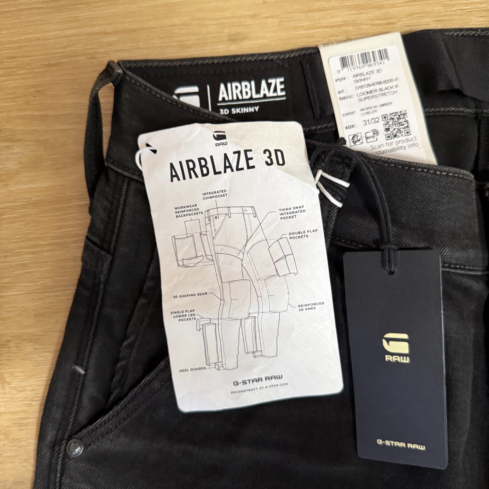 G-Star RAW Airblaze 3D Skinny Black Stretch Denim Flap Pockets Men NWT Sz 31×32