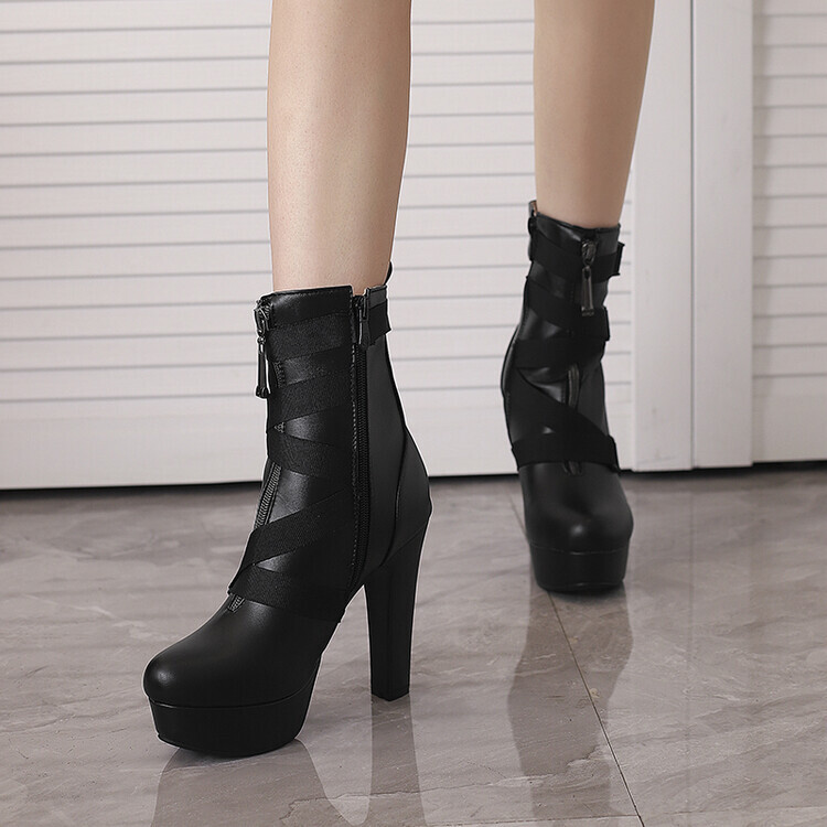 Womens Platform Faux Leather Ankle Boot Round Toe Side Zip Chunky Heels Oversize