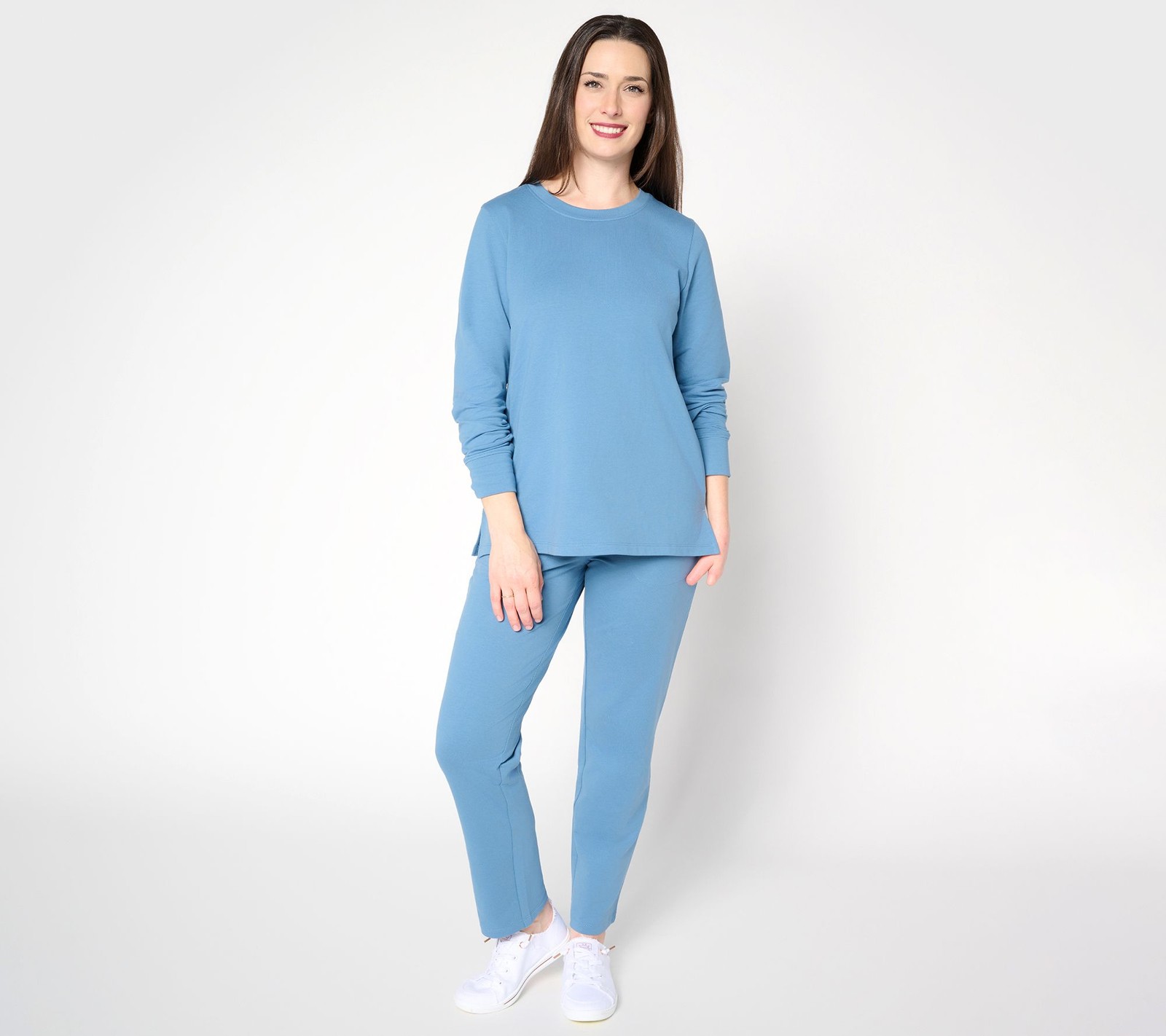 Denim & Co. Petite EasyWear French Terry Top & Pant Set Med Denim Blue M New
