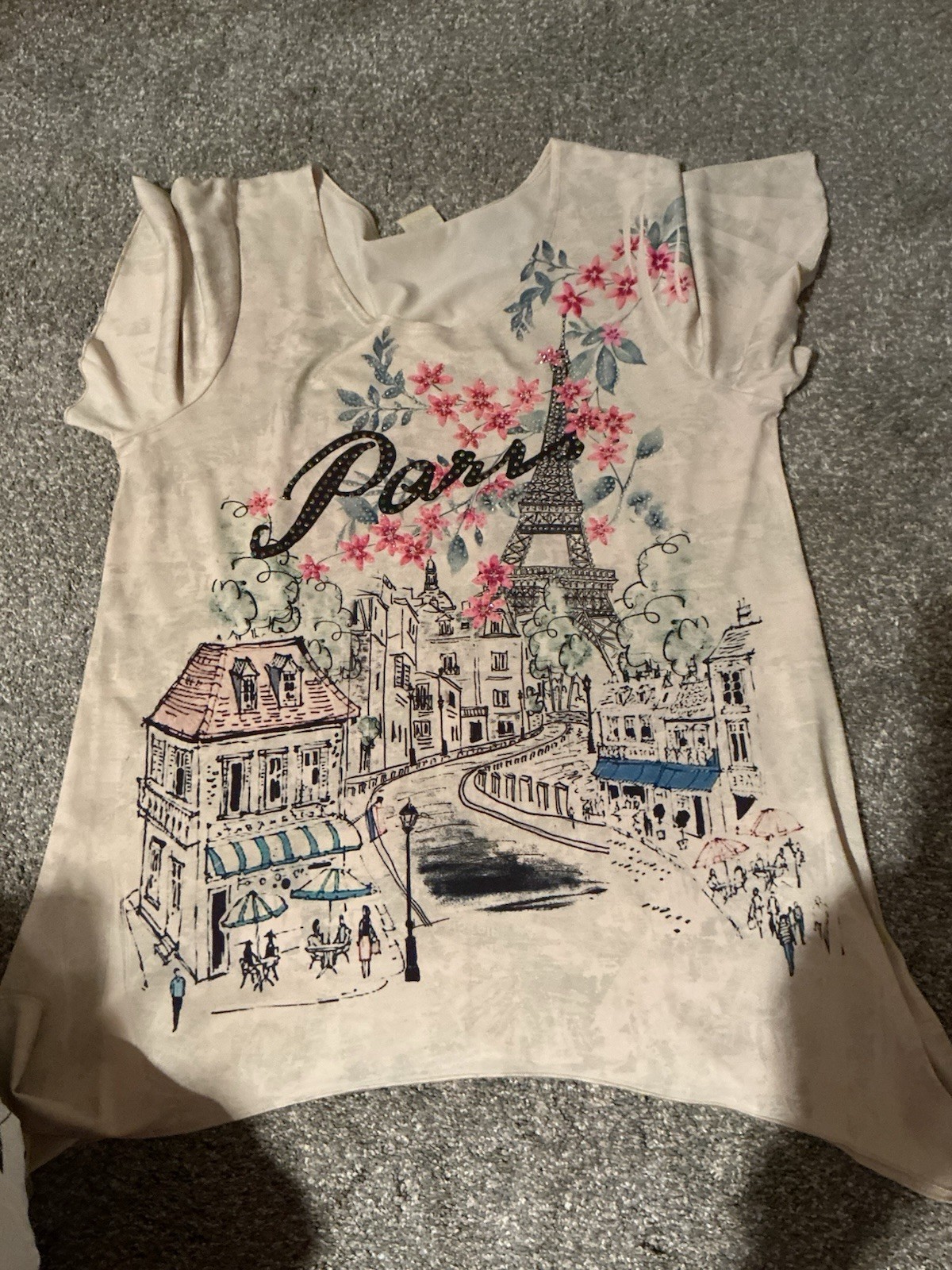 Women’s Beige S/M Rayon Scoop Neck Short Sleeve Paris Eiffel Tower Tee