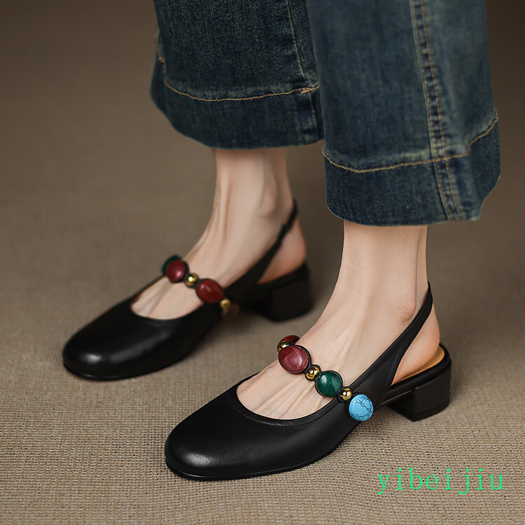 Women’s Low Heel Slingback Real Leather Sandals Stone Comfort Casual Shoes Boho