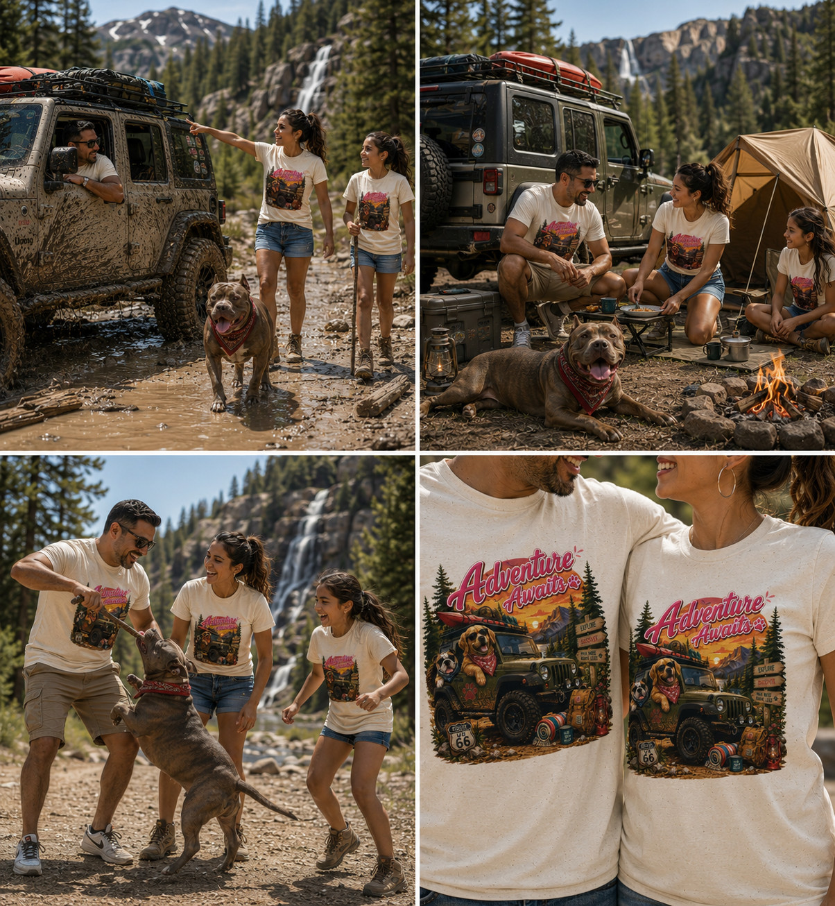 Adventure Awaits Jeep Dog Camping Couple T-Shirt Outdoor Road Trip Gift Tee