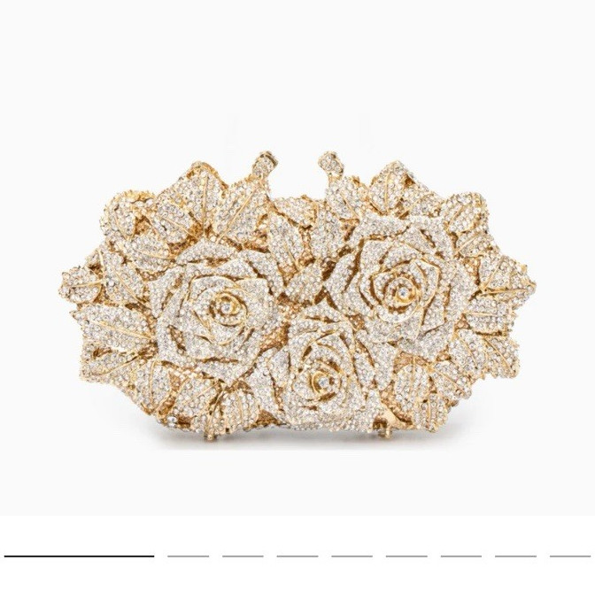 Verano Hill Gold Metallic Crystal Rhinestone Clutch w/ Chain Strap Snap Closure