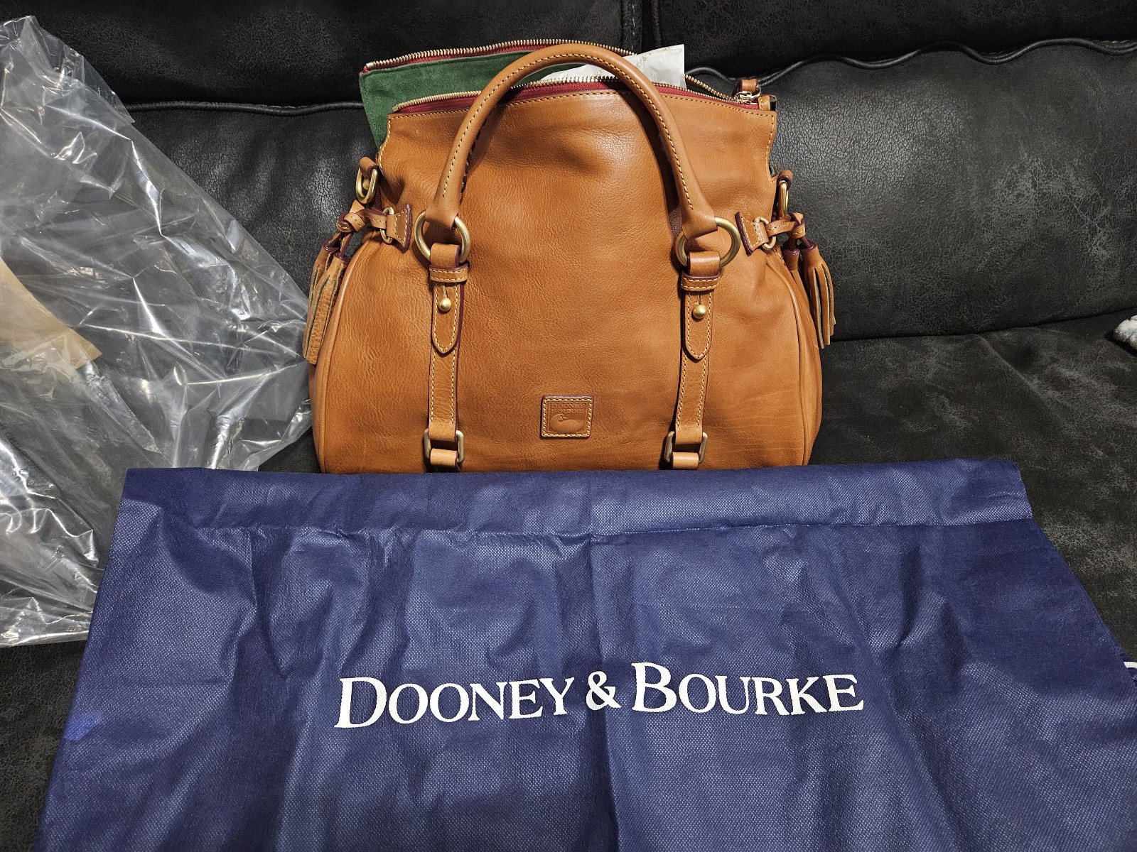 Dooney & Bourke Florentine Brown Buckle Satchel Zip Tassel Red Lining
