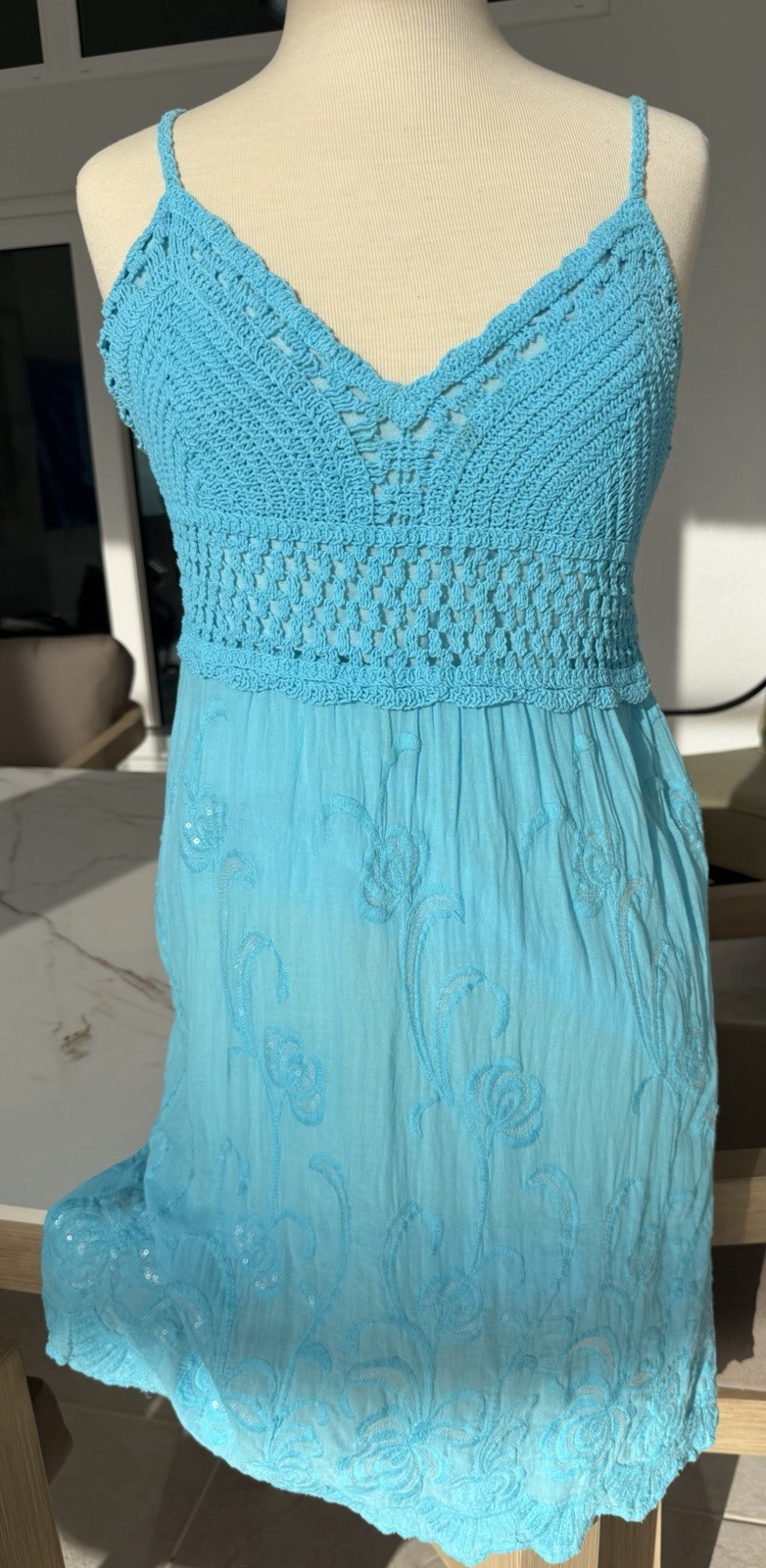 Crochet blue beaded fit and flare summer dress size M/L In great condition
