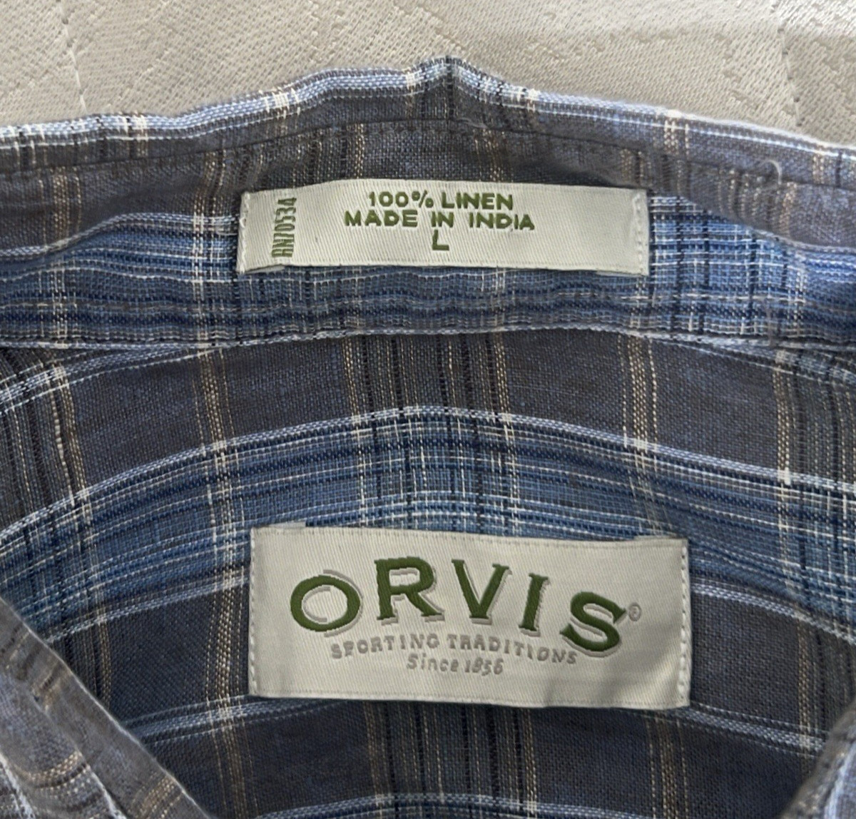Orvis Button Up 100 % Linen Men’s Large Plaid Blue Gray LongSleeve Outdoor Shirt