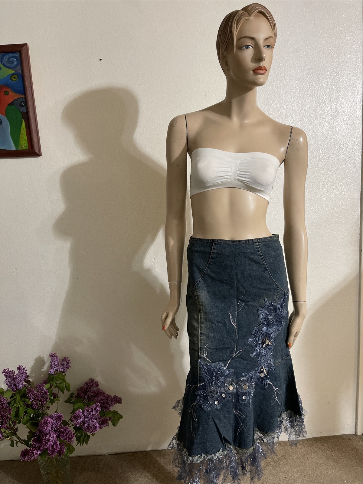 Blue Cotton Denim Beaded Embroidered Ruffles Boho Zip Size XL(10-12) Skirt 3361