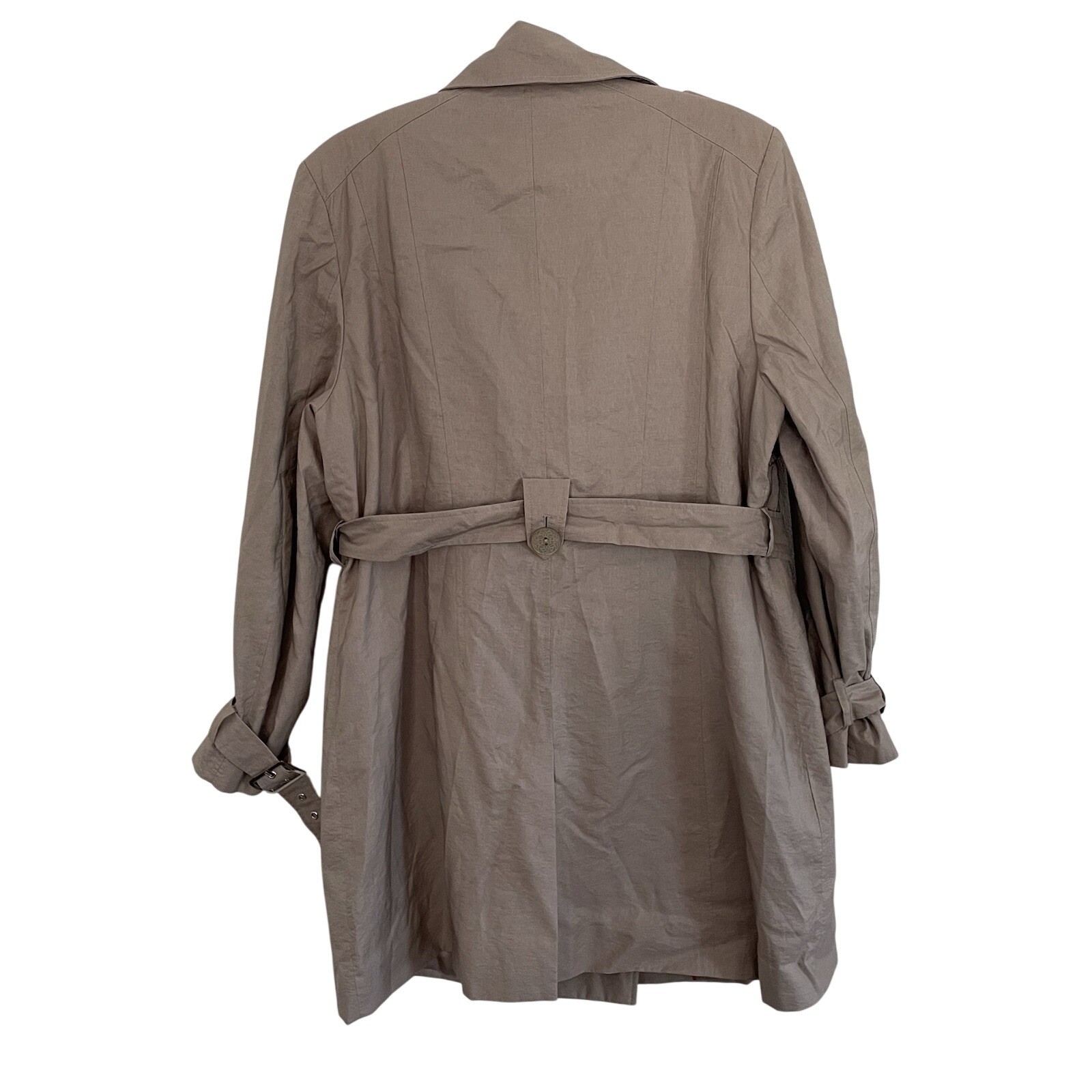 EUC Womens Tahari Tan Beige Neutral Trench Coat Ruffles Belt Dressy Nylon Medium