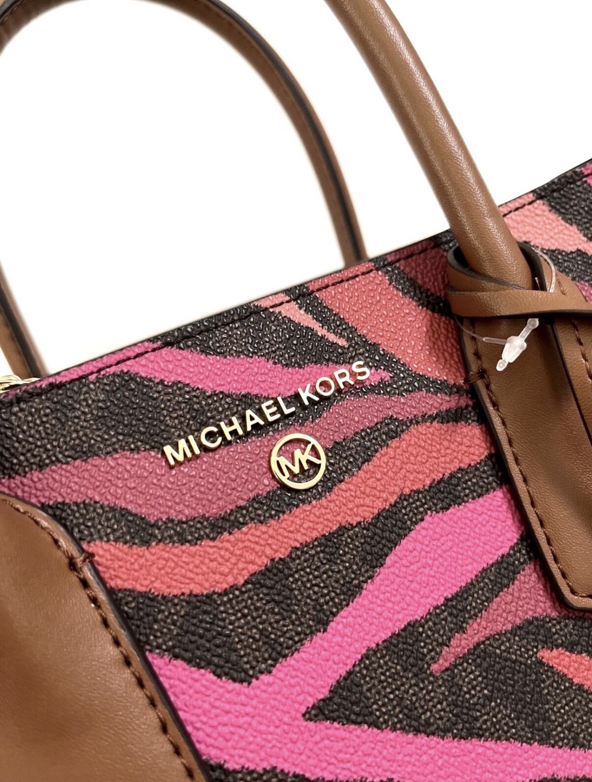 Michael Kors Small Zebra Print Satchel Top Handle Zip, Inner Pockets Gold
